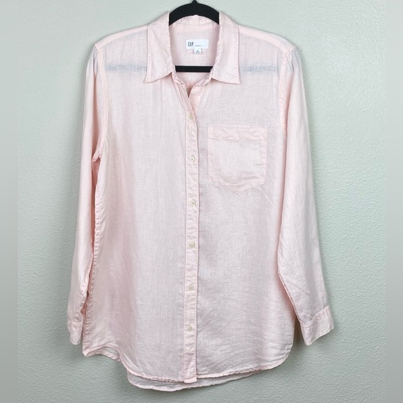 GAP Women's Medium Linen Boyfriend Shirt Pink Dye Coastal Button Front Collared - Picture 2 of 15